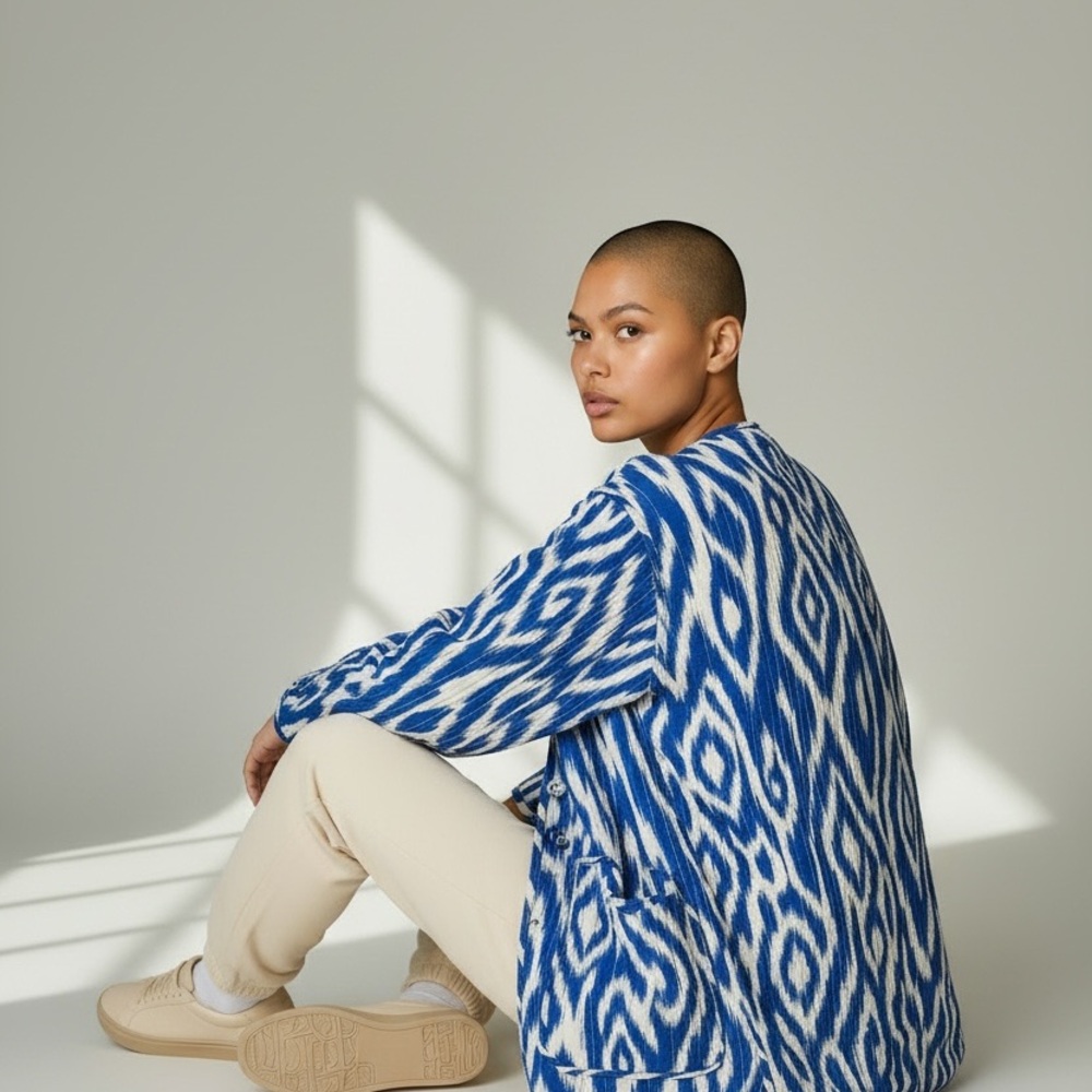 Blue and White Ikat Pattern Jacket by Anthropologie women’s size M - Picture 3 of 13